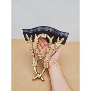 Vintage Solid Brass Ornate Wall Shelf - Vintage Ornate Brass & Wood Wall Shelf -